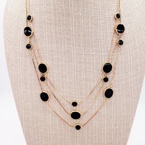 Avon Gold Tone Black Disc Long Three Strand Beautiful Necklace